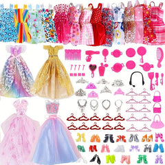 66pcs Doll Clothing Accessories Set, Skirts, Shoes, Kitchenware, Bags, Hangers