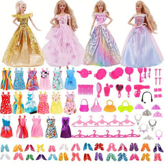 66pcs Doll Clothing Accessories Set, Skirts, Shoes, Kitchenware, Bags, Hangers