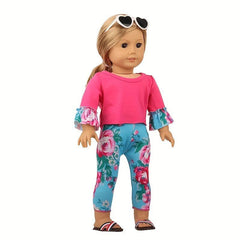 18 inch Doll Rose Red Top and Rose Print Trousers Suit Set