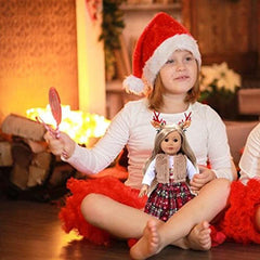 Christmas Doll Plaid Dress With Reindeer Antlers for American Doll
