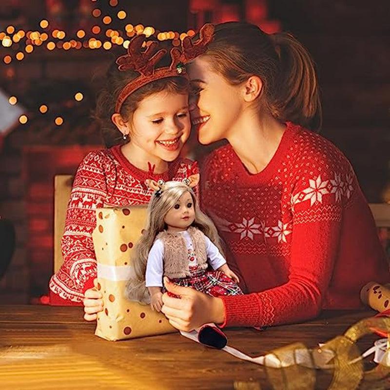 Christmas Doll Plaid Dress With Reindeer Antlers for American Doll