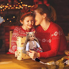 Christmas Doll Plaid Dress With Reindeer Antlers for American Doll