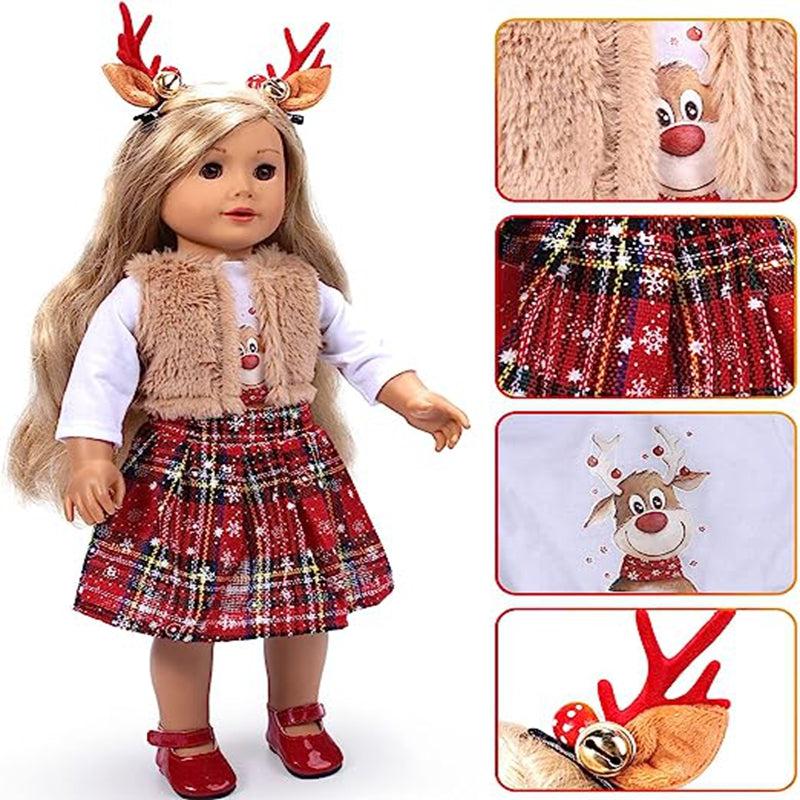 Christmas Doll Plaid Dress With Reindeer Antlers for American Doll