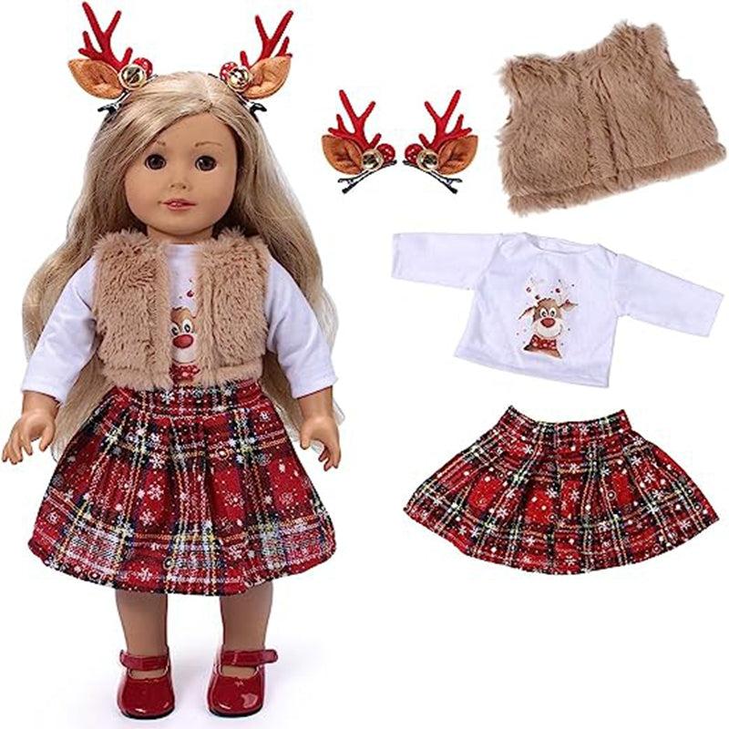 Christmas Doll Plaid Dress With Reindeer Antlers for American Doll
