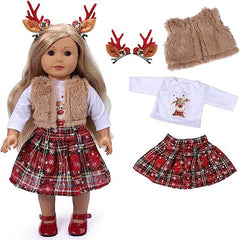 Christmas Doll Plaid Dress With Reindeer Antlers for American Doll