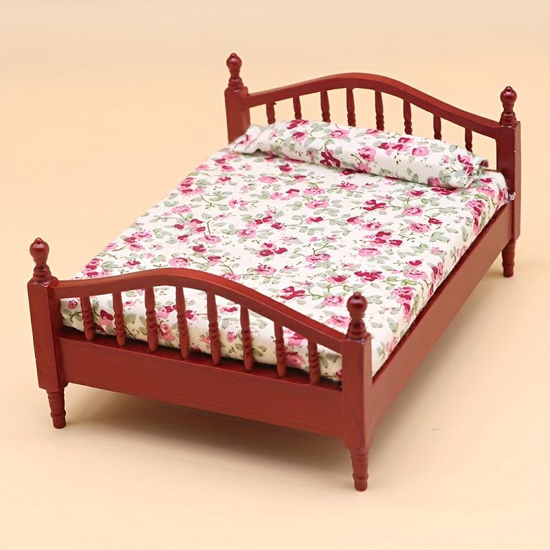 1/12 Dolls House Mini Furniture Bedroom Wooden Fabric Twin Bed