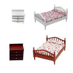 1/12 Dolls House Mini Furniture Bedroom Wooden Fabric Twin Bed