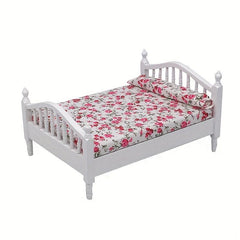 1/12 Dolls House Mini Furniture Bedroom Wooden Fabric Twin Bed