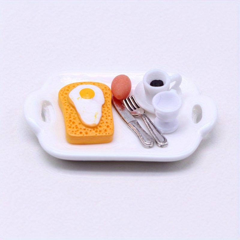 Dollhouse Breakfast Food Model Burger Egg Coffee Plate Cup & Spoon