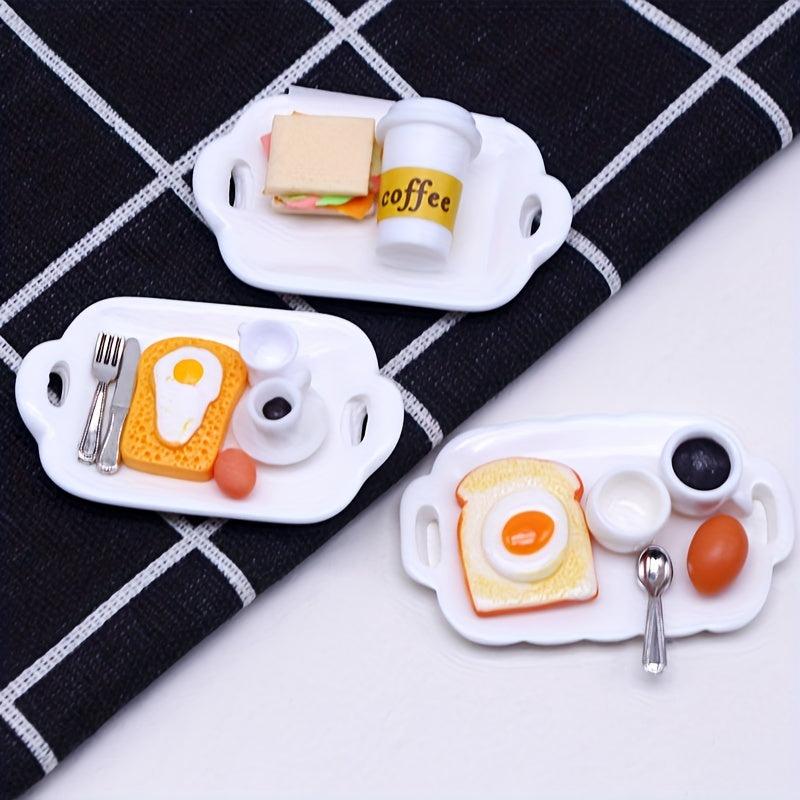 Dollhouse Breakfast Food Model Burger Egg Coffee Plate Cup & Spoon