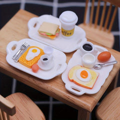 Dollhouse Breakfast Food Model Burger Egg Coffee Plate Cup & Spoon