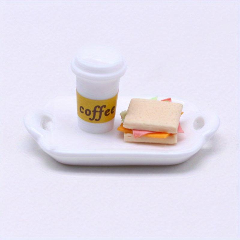 Dollhouse Breakfast Food Model Burger Egg Coffee Plate Cup & Spoon