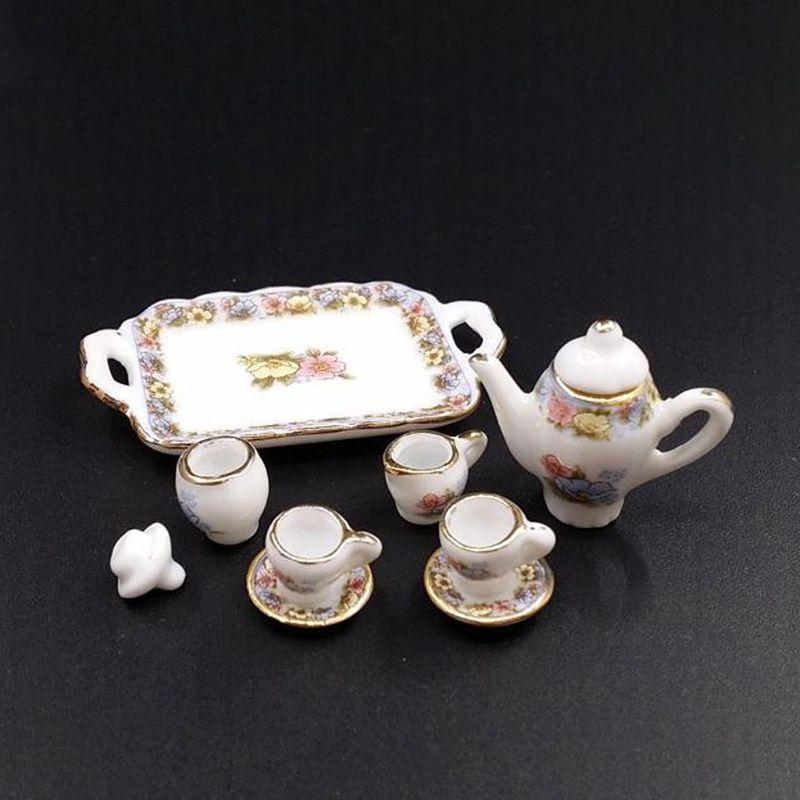 8pcs Doll House Pink Flower Porcelain Tea Cups Kitchen Accessories