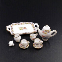 8pcs Doll House Pink Flower Porcelain Tea Cups Kitchen Accessories