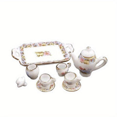 8pcs Doll House Pink Flower Porcelain Tea Cups Kitchen Accessories