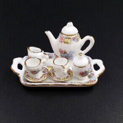 8pcs Doll House Pink Flower Porcelain Tea Cups Kitchen Accessories