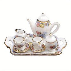 8pcs Doll House Pink Flower Porcelain Tea Cups Kitchen Accessories