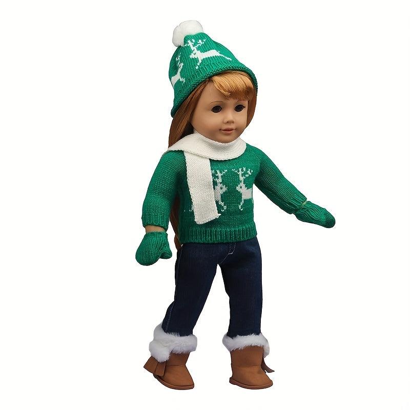 18-inch Christmas Winter Doll Outfit Set - Sweater, Pants, Scarf, Hat, Gloves