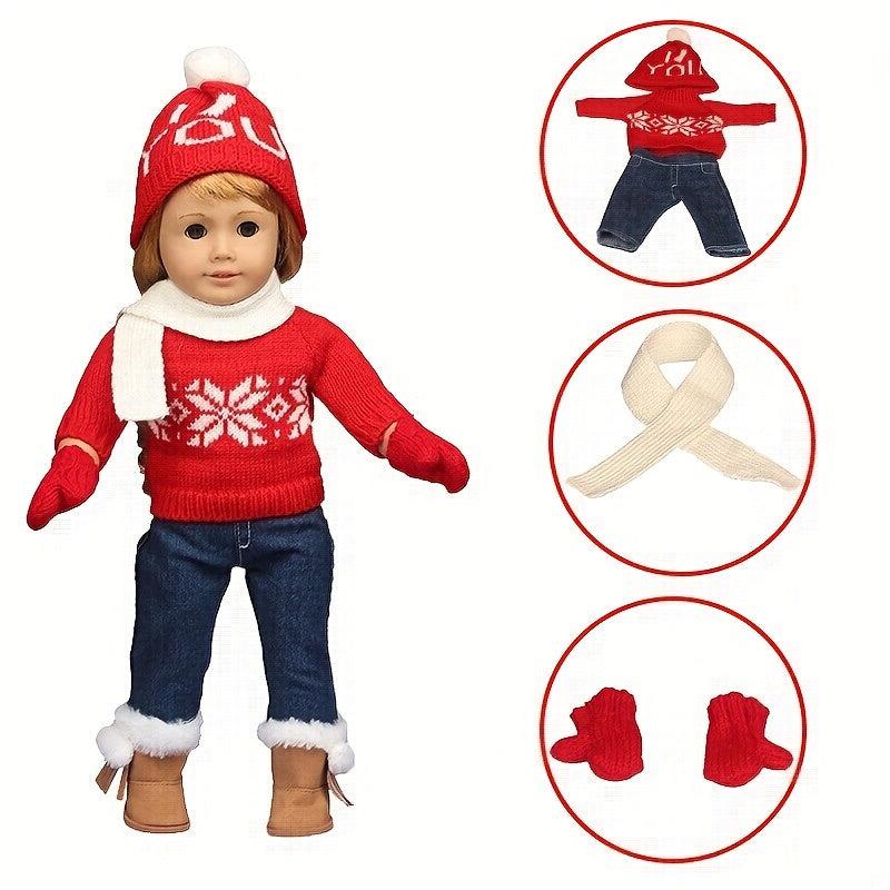 18-inch Christmas Winter Doll Outfit Set - Sweater, Pants, Scarf, Hat, Gloves