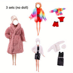 3 Sets Fur Vest Coat Dress Outfit For 1/6 BJD Dolls