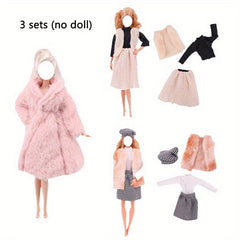 3 Sets Fur Vest Coat Dress Outfit For 1/6 BJD Dolls