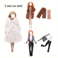 3 Sets Fur Vest Coat Dress Outfit For 1/6 BJD Dolls