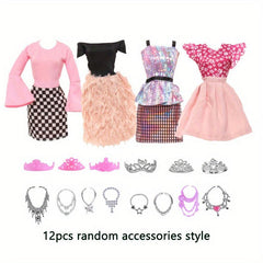 16pcs Doll Clothes & Accessories Set: 4 Dresses, 12 Accessories, Crown, Necklace