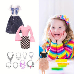 16pcs Doll Clothes & Accessories Set: 4 Dresses, 12 Accessories, Crown, Necklace