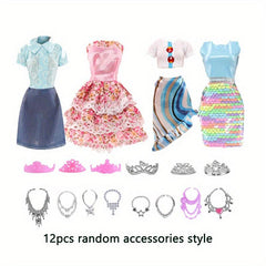 16pcs Doll Clothes & Accessories Set: 4 Dresses, 12 Accessories, Crown, Necklace