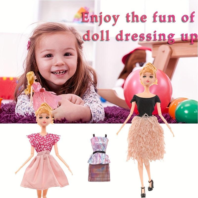16pcs Doll Clothes & Accessories Set: 4 Dresses, 12 Accessories, Crown, Necklace