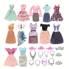 16pcs Doll Clothes & Accessories Set: 4 Dresses, 12 Accessories, Crown, Necklace