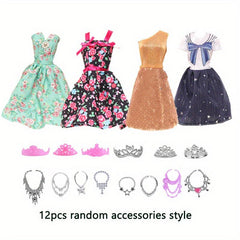 16pcs Doll Clothes & Accessories Set: 4 Dresses, 12 Accessories, Crown, Necklace
