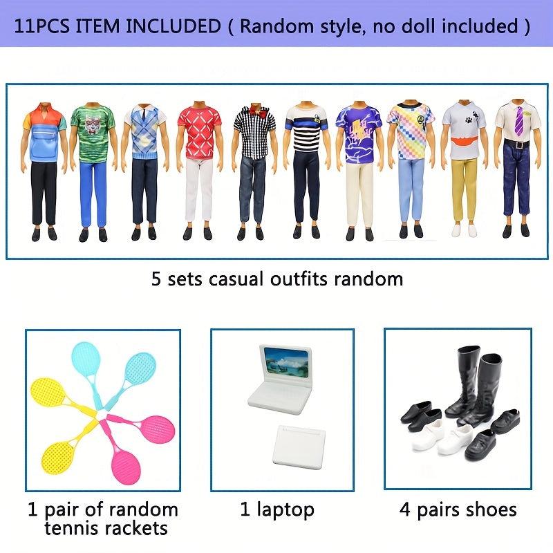 11pc Clothes & Accessories for 12' Boy Doll: 5 Outfits, Rackets, Shoes, Laptop