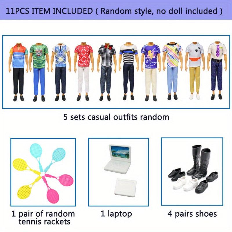 11pc Clothes & Accessories for 12' Boy Doll: 5 Outfits, Rackets, Shoes, Laptop