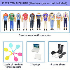 11pc Clothes & Accessories for 12' Boy Doll: 5 Outfits, Rackets, Shoes, Laptop