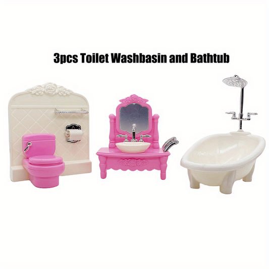 3-Piece Dollhouse Furniture Set: Bathtub, Washbasin, Toilet for 6-16in Dolls
