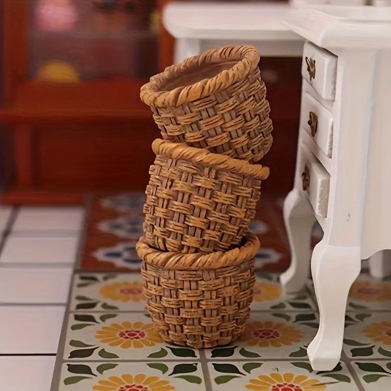 3pcs Mini Resin Basket Dollhouse Fairy Garden Decoration