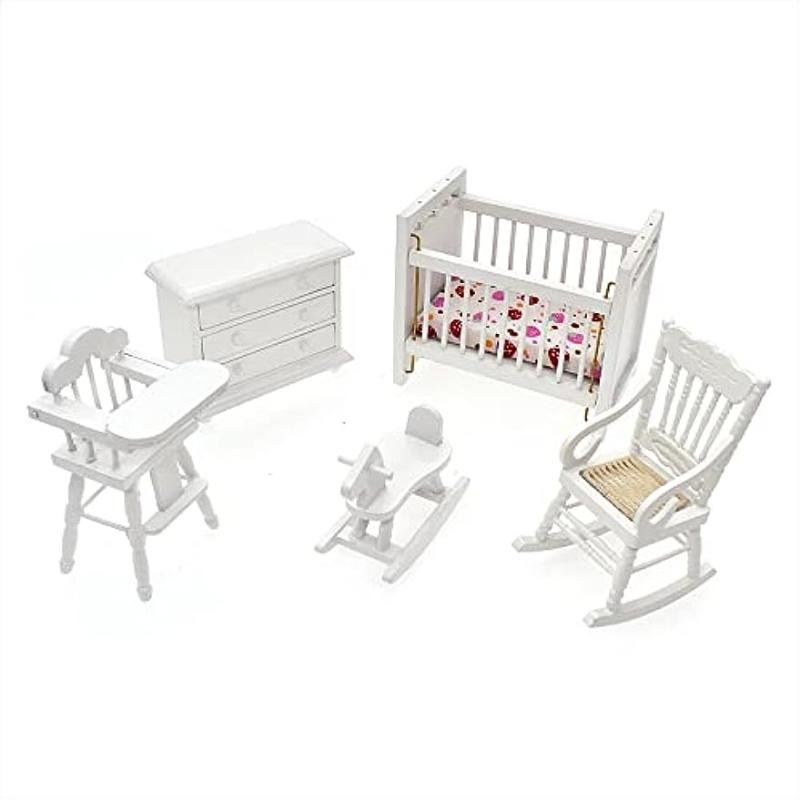 Wooden Nursery Bed Set Dollhouse Furniture Non Toxic Paint