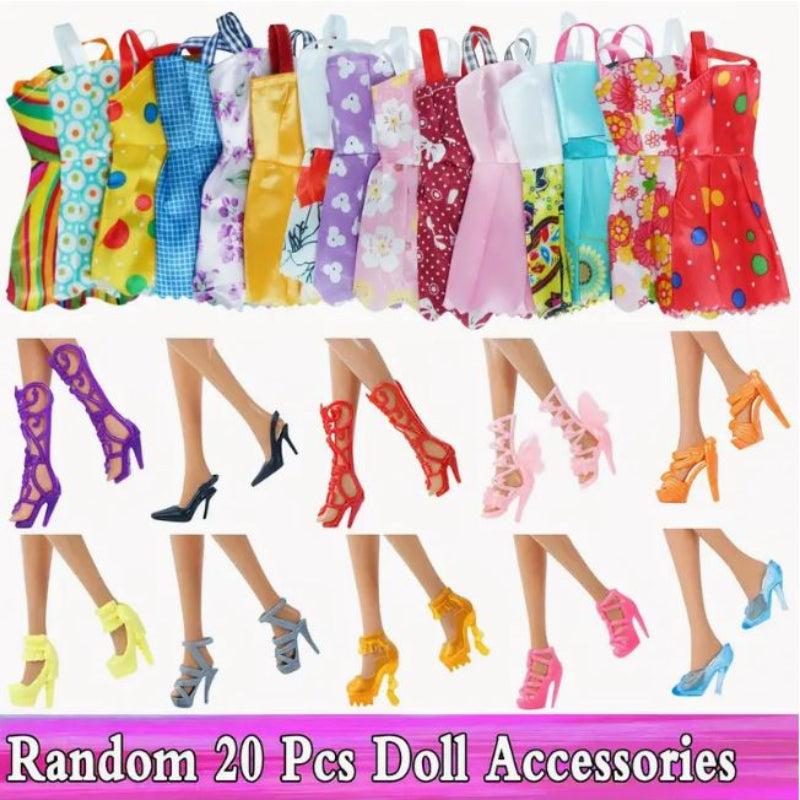 Doll Outfit Set Shoes Boots Mini Dress Handbags Crown Hangers Glasses