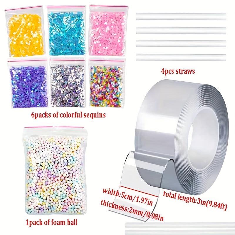 12 Nano Glitter Bubble Set with Nano Tape, Colorful Glitter, Foam Ball, Straws