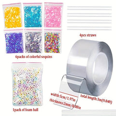 12 Nano Glitter Bubble Set with Nano Tape, Colorful Glitter, Foam Ball, Straws