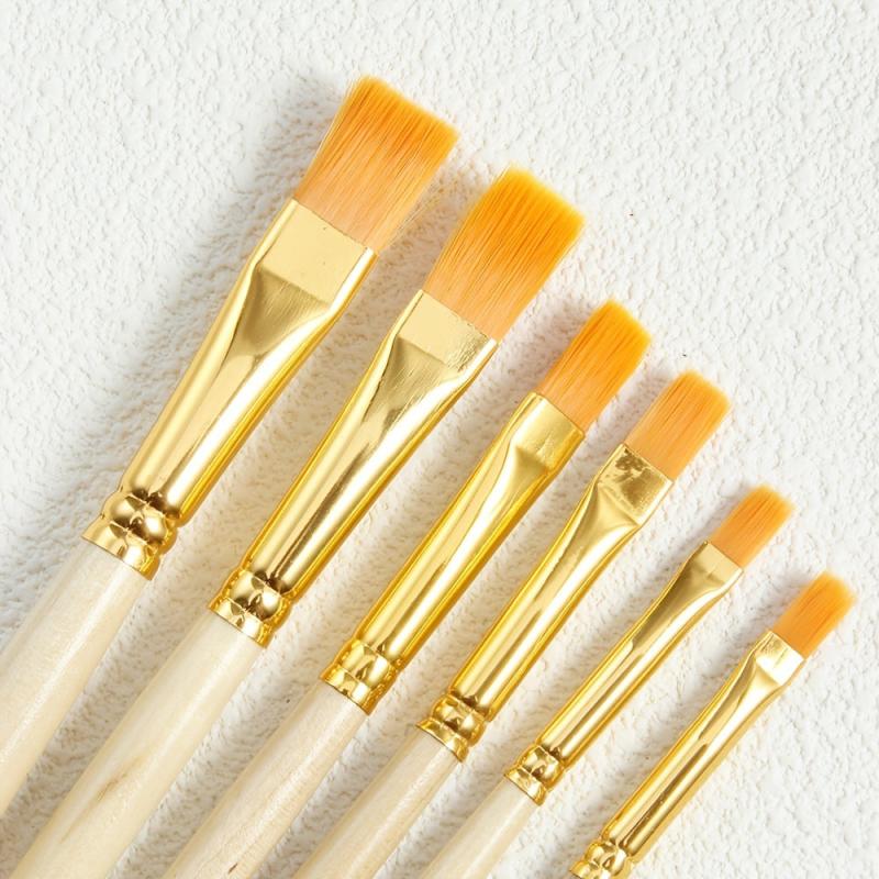 6pcs Flat Head Yellow Painting Brush Nylon Brush