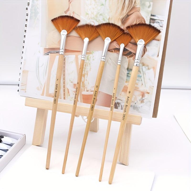 Artist Fan Paint Brushes Set 5pcs Soft Nylon Hair Long Handle Brush Set