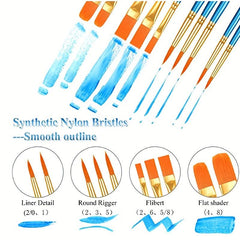 20 Piece Paint Brush Set for Acrylic Watercolor Face Painting Canvas Rock Art