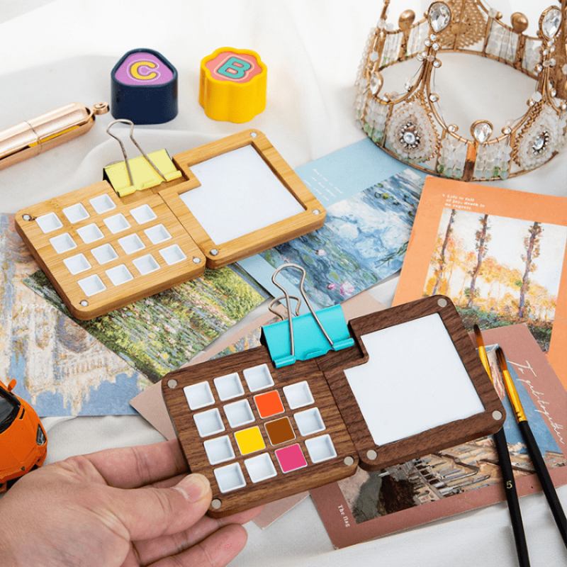 Children's Wooden Watercolor Paint Box with 15 Grids