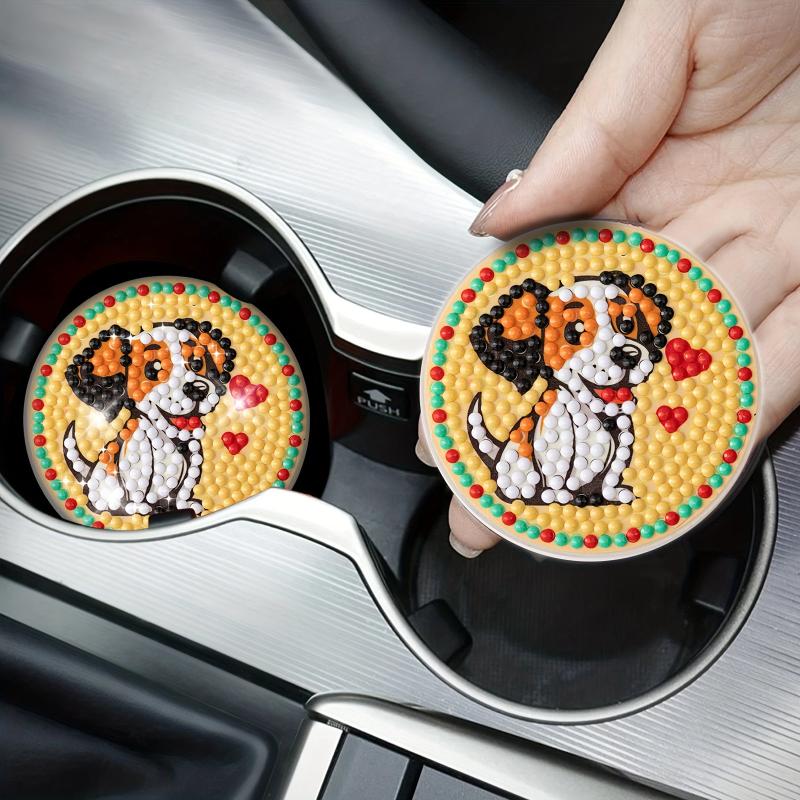 2pcs Dog Diamond Painting Car Coasters Car Interior Accessories
