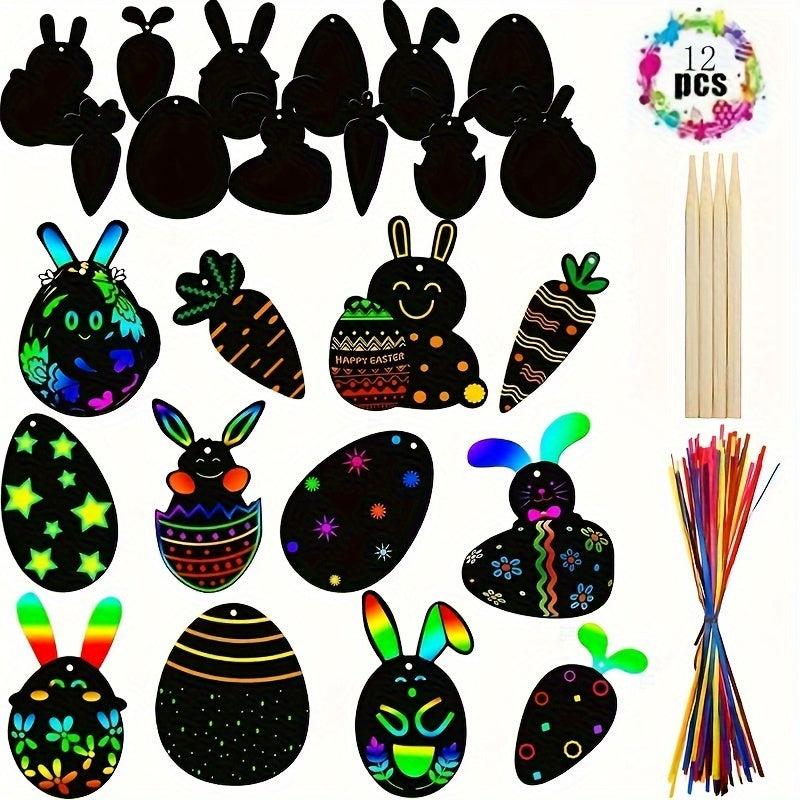 Easter Crafts Kit For Kids 12pcs Scratch Art Rainbow Scratch Paper Ornaments