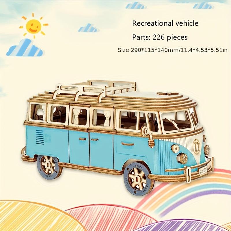 Wooden Puzzle Camping Car 3D Building Block Educational Toy