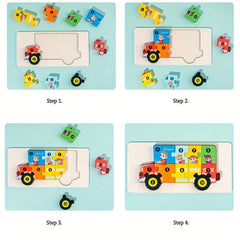 Montessori Wooden Cartoon Animal Car Puzzle For Kids - Dinosaur Education Puzzle
