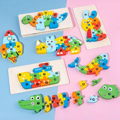 Montessori Wooden Cartoon Animal Car Puzzle For Kids - Dinosaur Education Puzzle